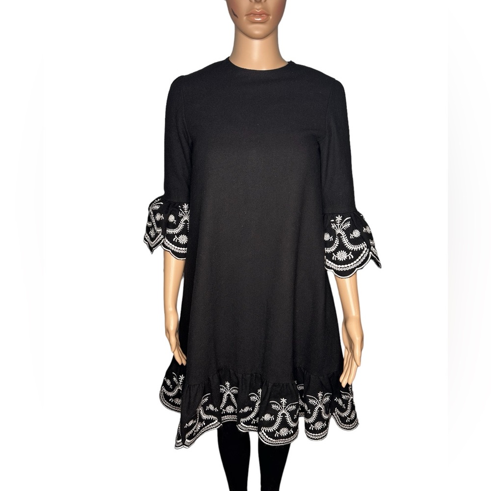 Gem women black white long sleeve wool blend dress size S